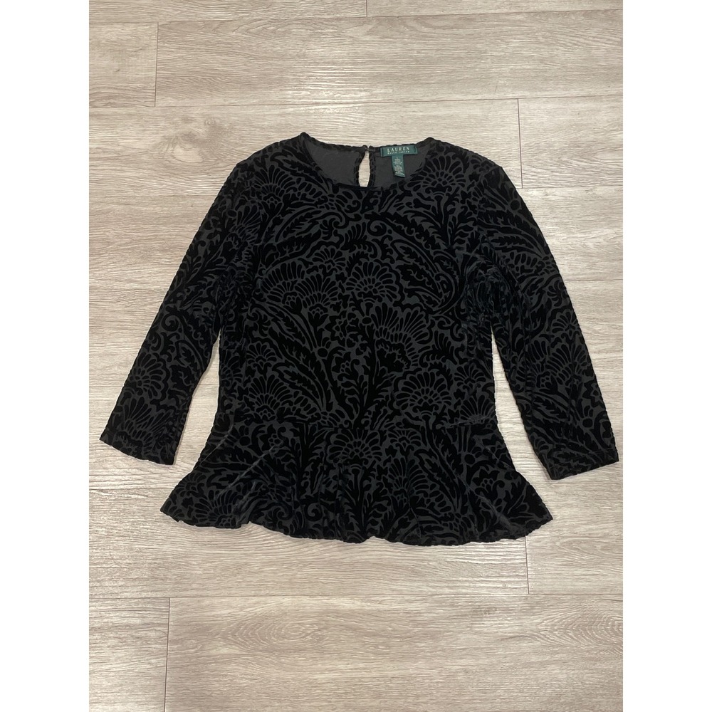 Lauren Ralph Lauren Burnout Velvet Peplum Top Dark Romantic Holiday Party Large